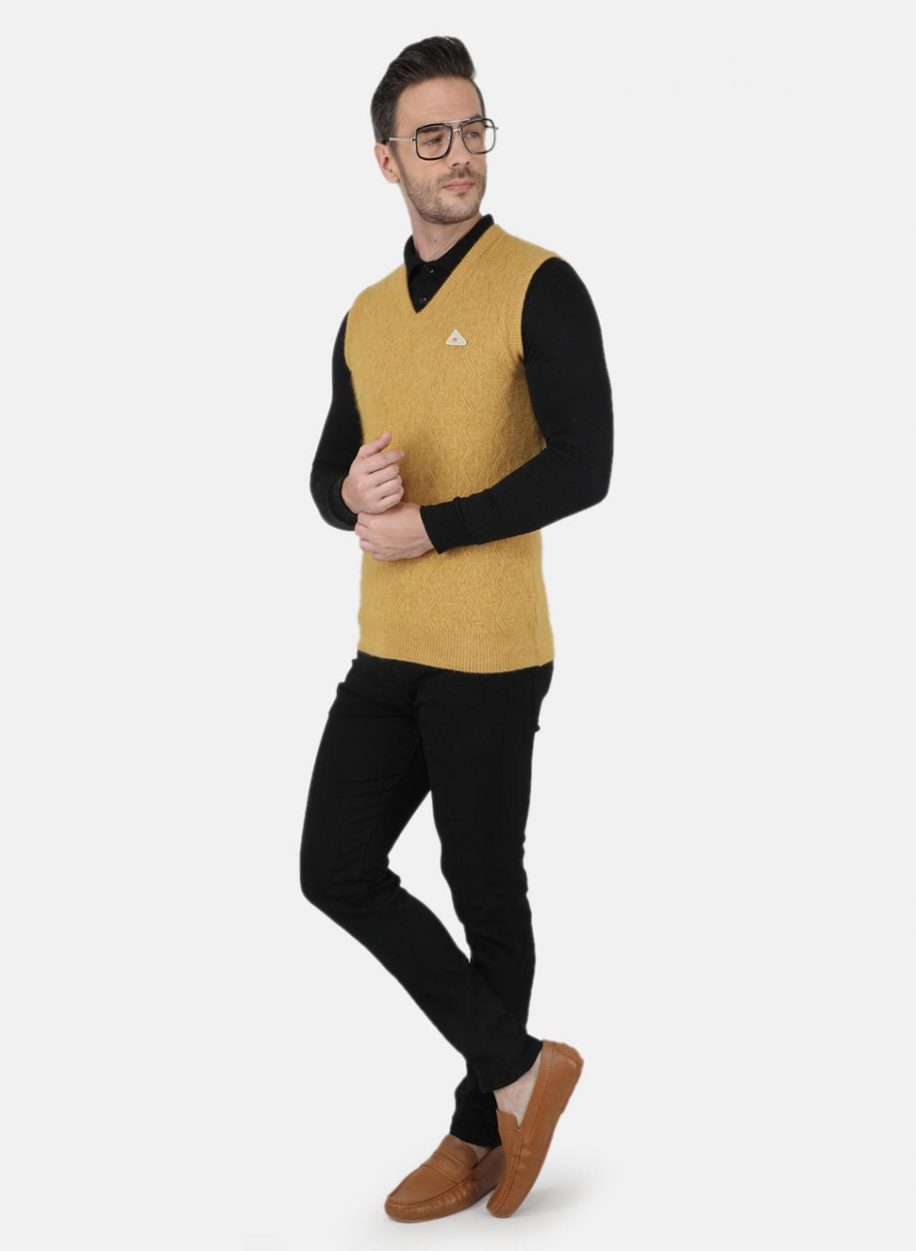 Men Yellow Self Design Sweater