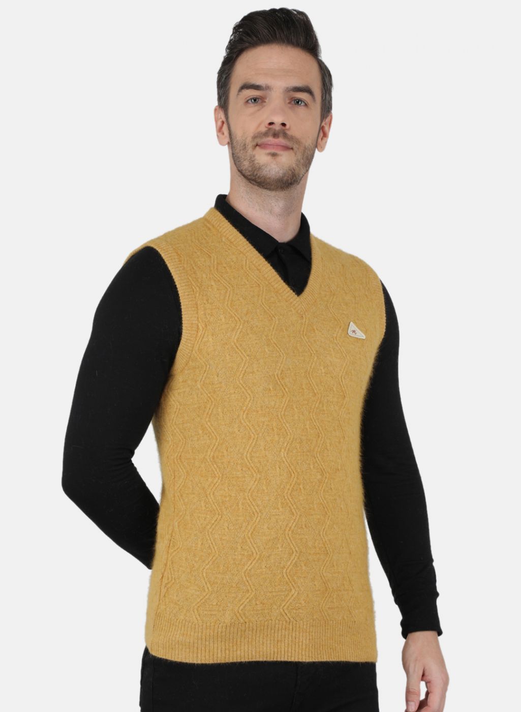 Men Yellow Self Design Sweater