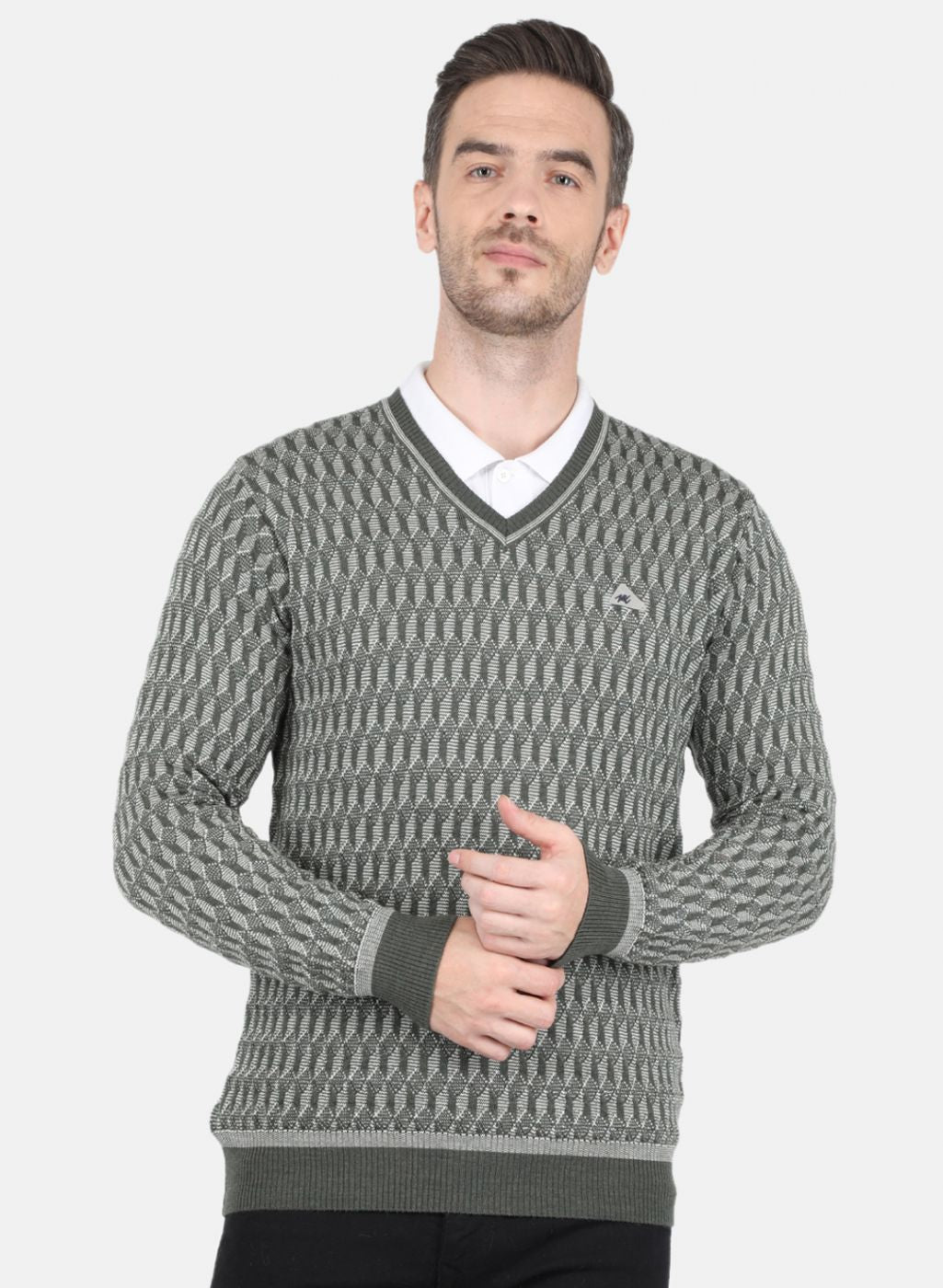 Men Olive Self Design Pullover