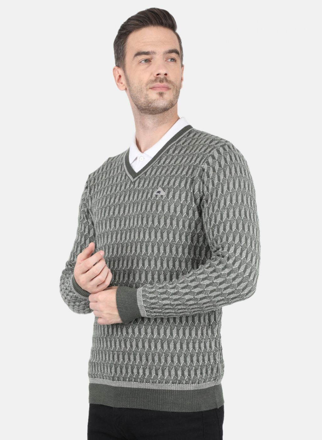 Men Olive Self Design Pullover