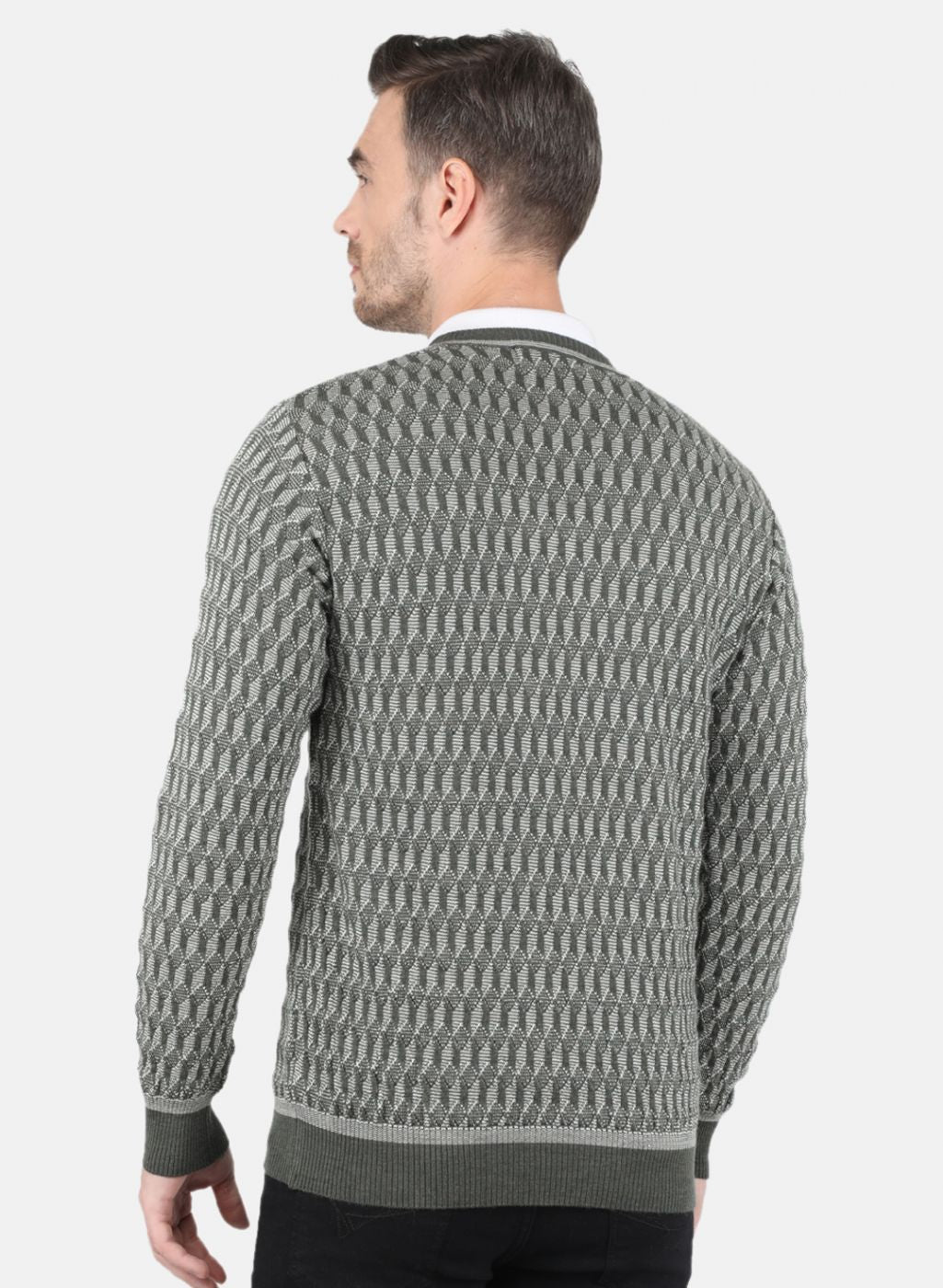 Men Olive Self Design Pullover