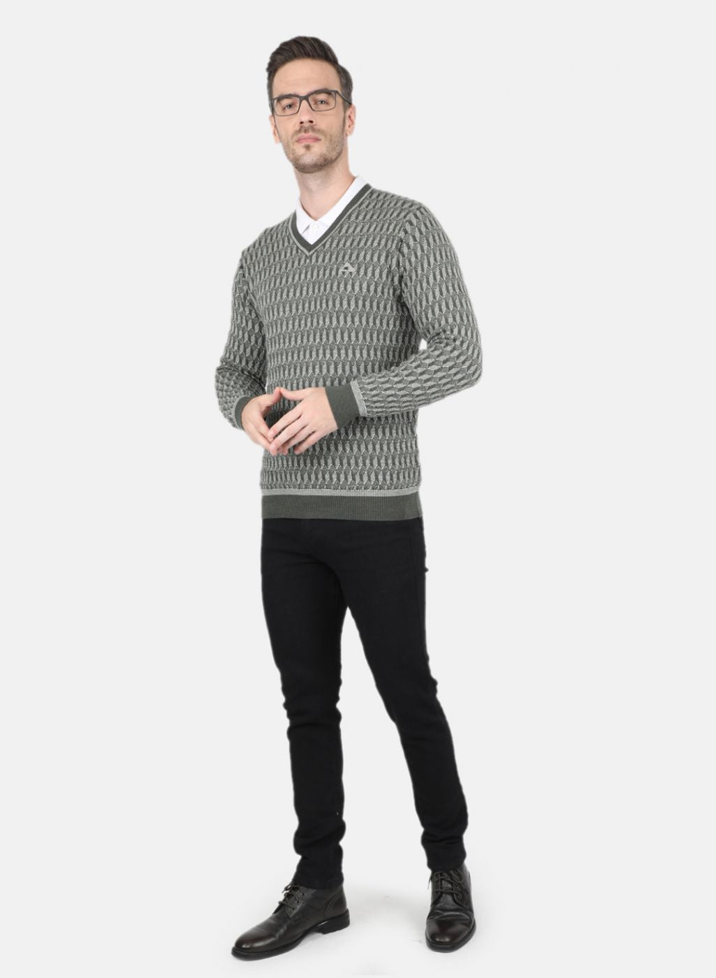 Men Olive Self Design Pullover