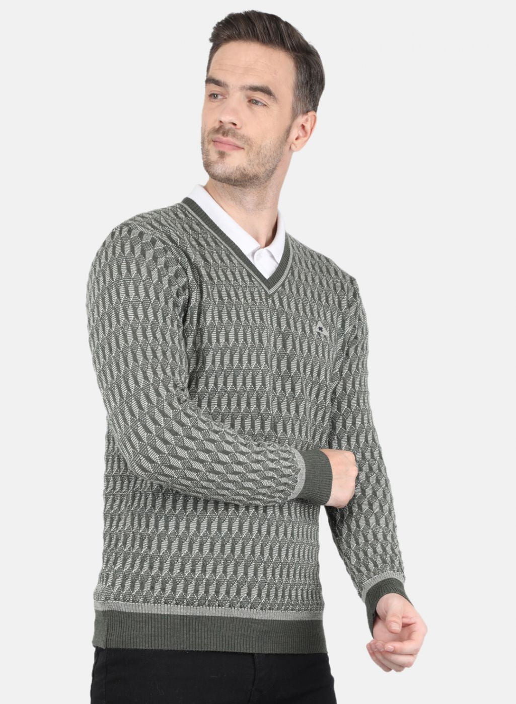 Men Olive Self Design Pullover