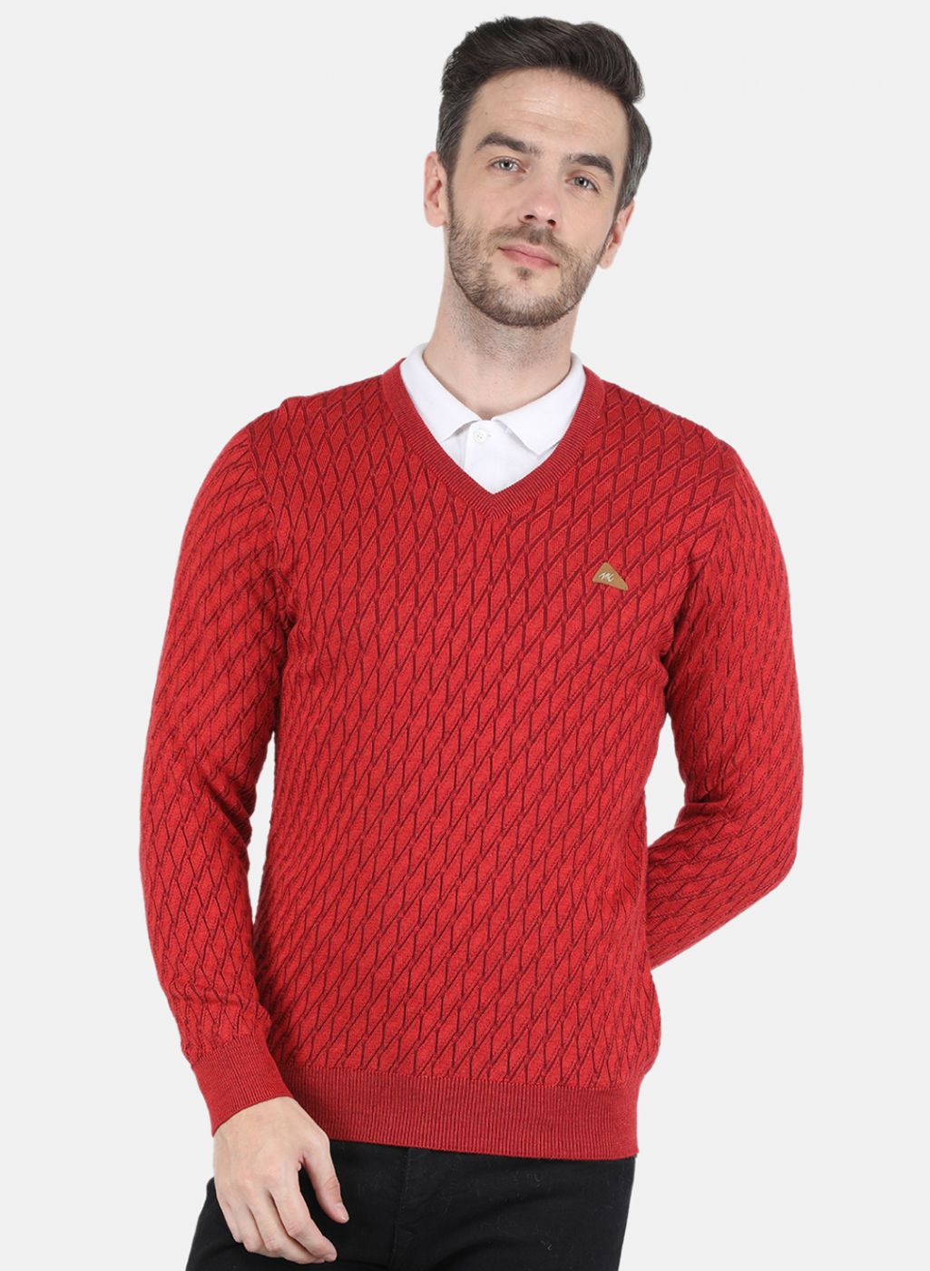 Men Red Self design Pullover