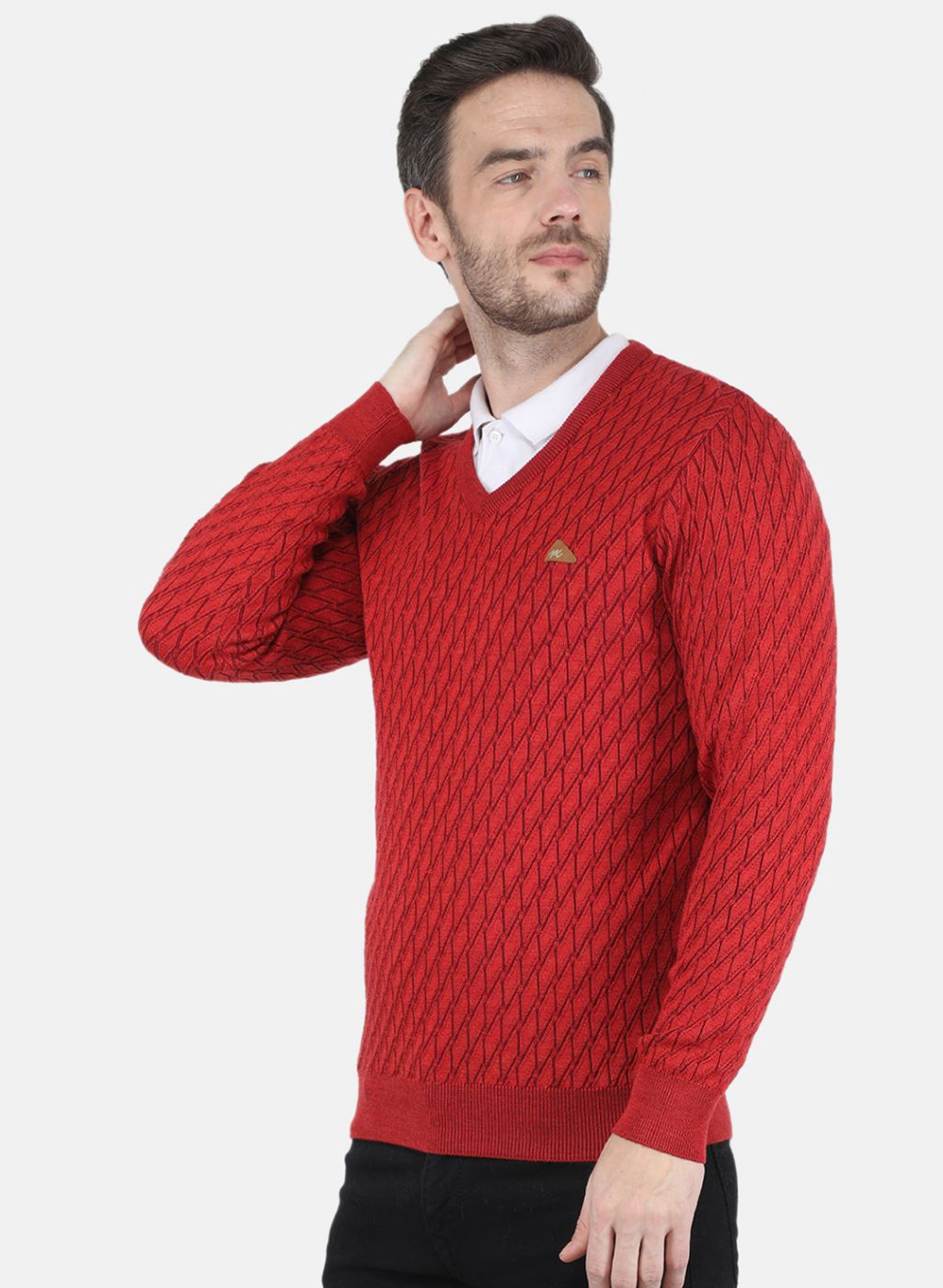 Men Red Self design Pullover