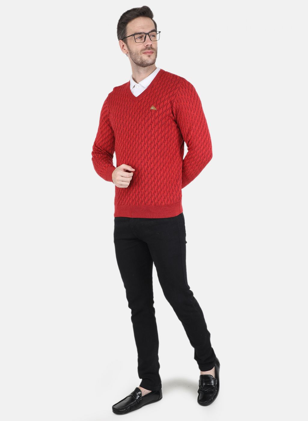 Men Red Self design Pullover