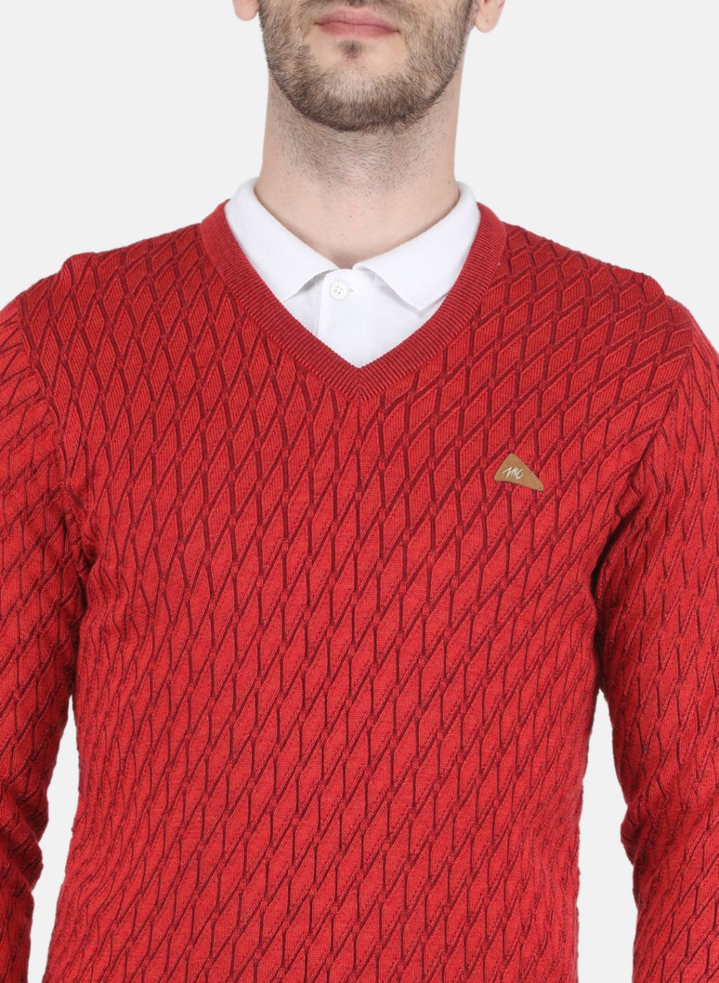 Men Red Self design Pullover