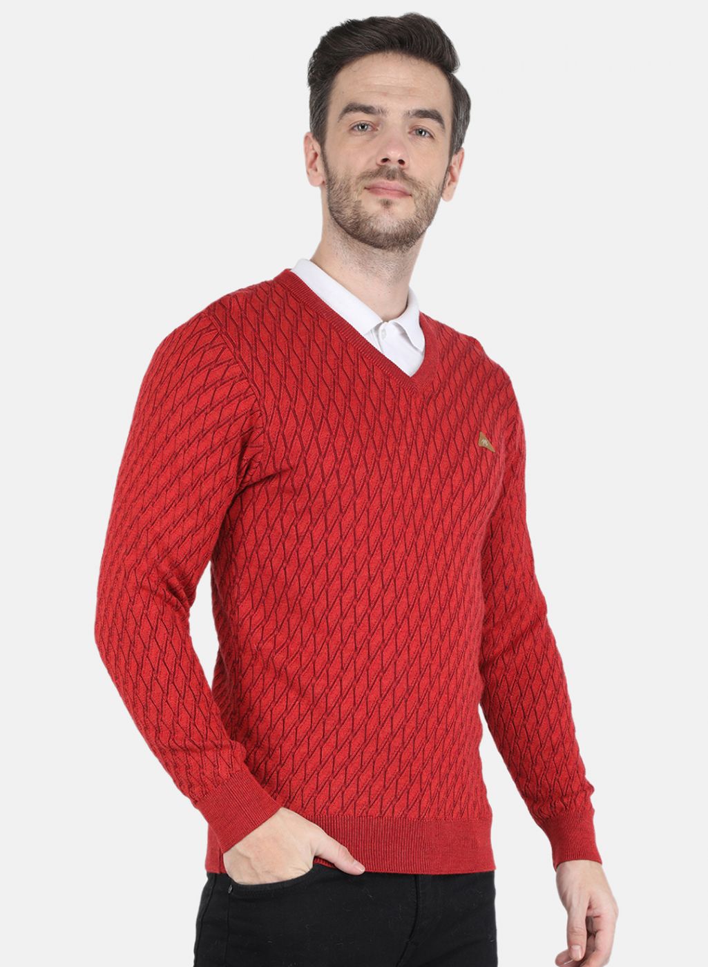 Men Red Self design Pullover