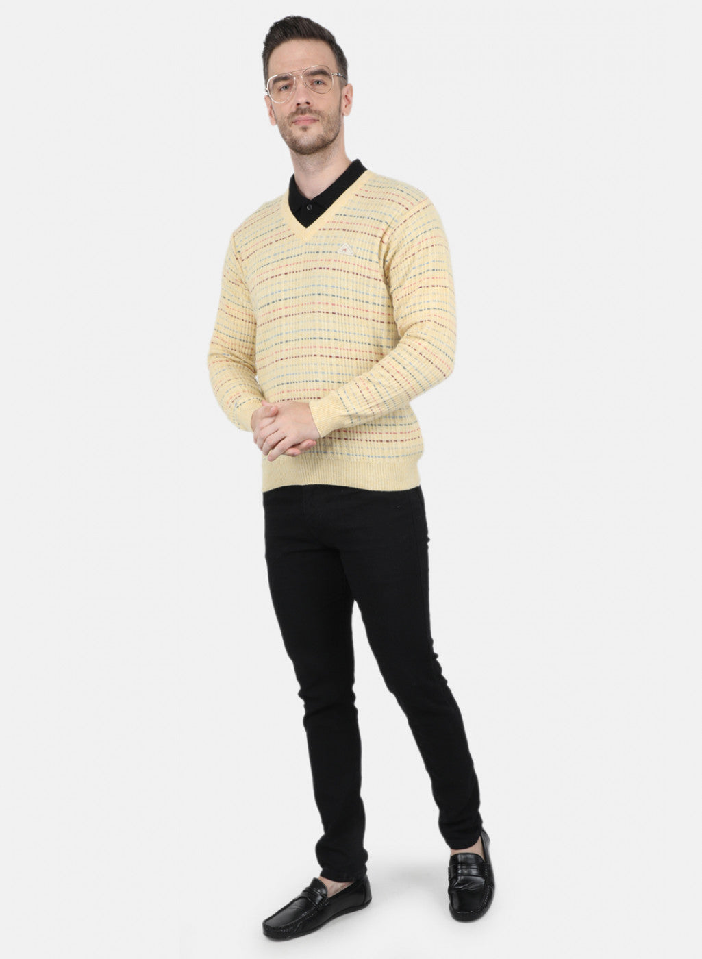 Men Yellow Self Design Pullover