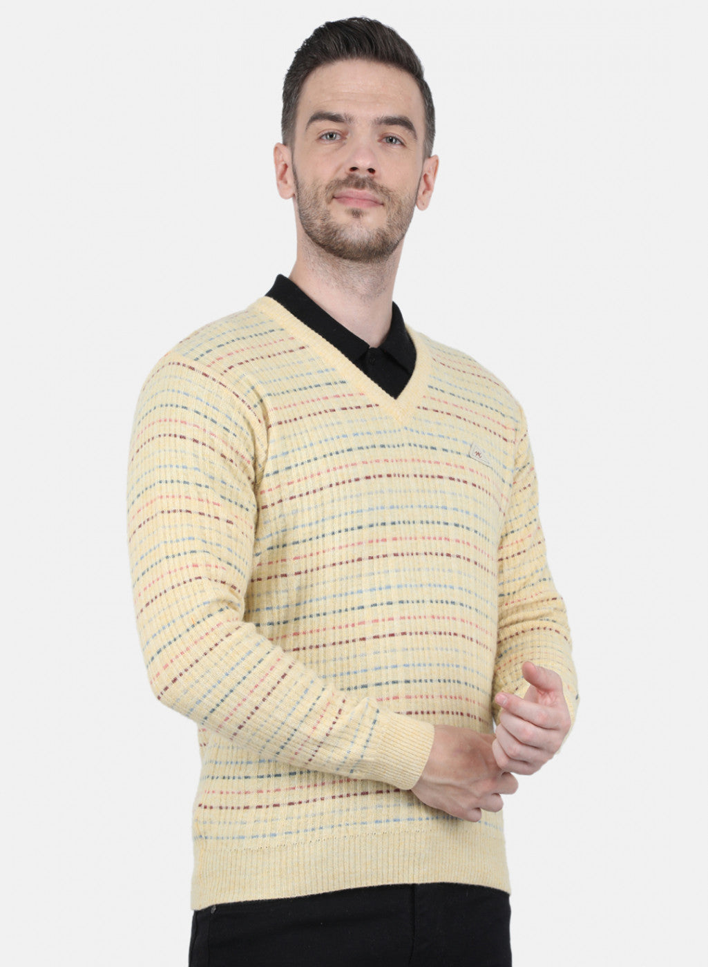 Men Yellow Self Design Pullover