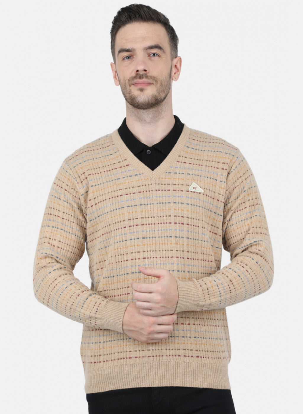 Men Beige Self Design Pullover