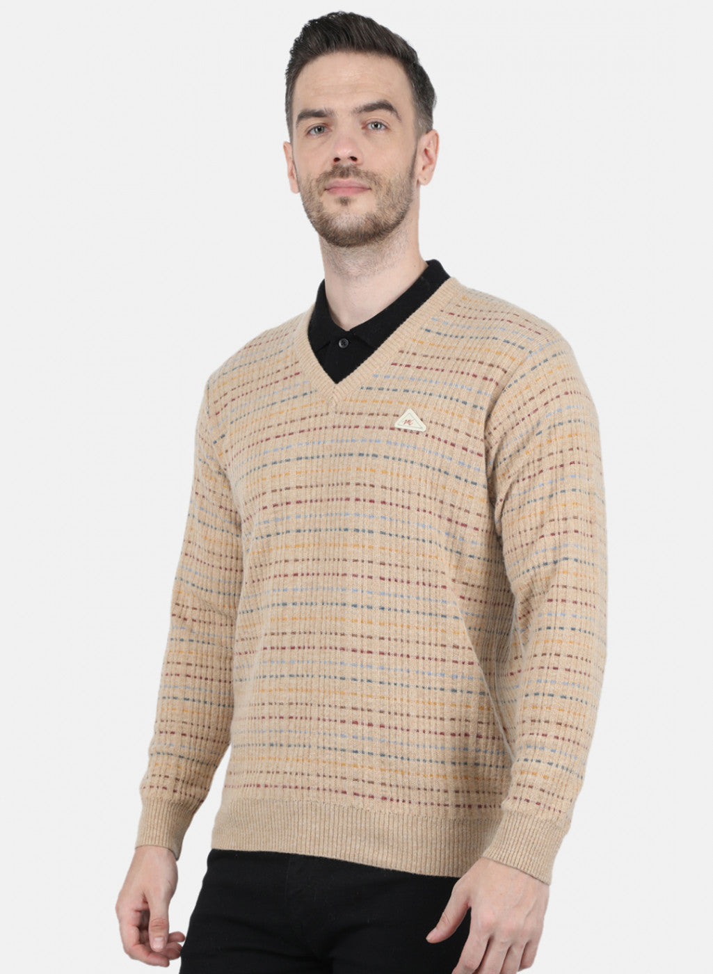 Men Beige Self Design Pullover