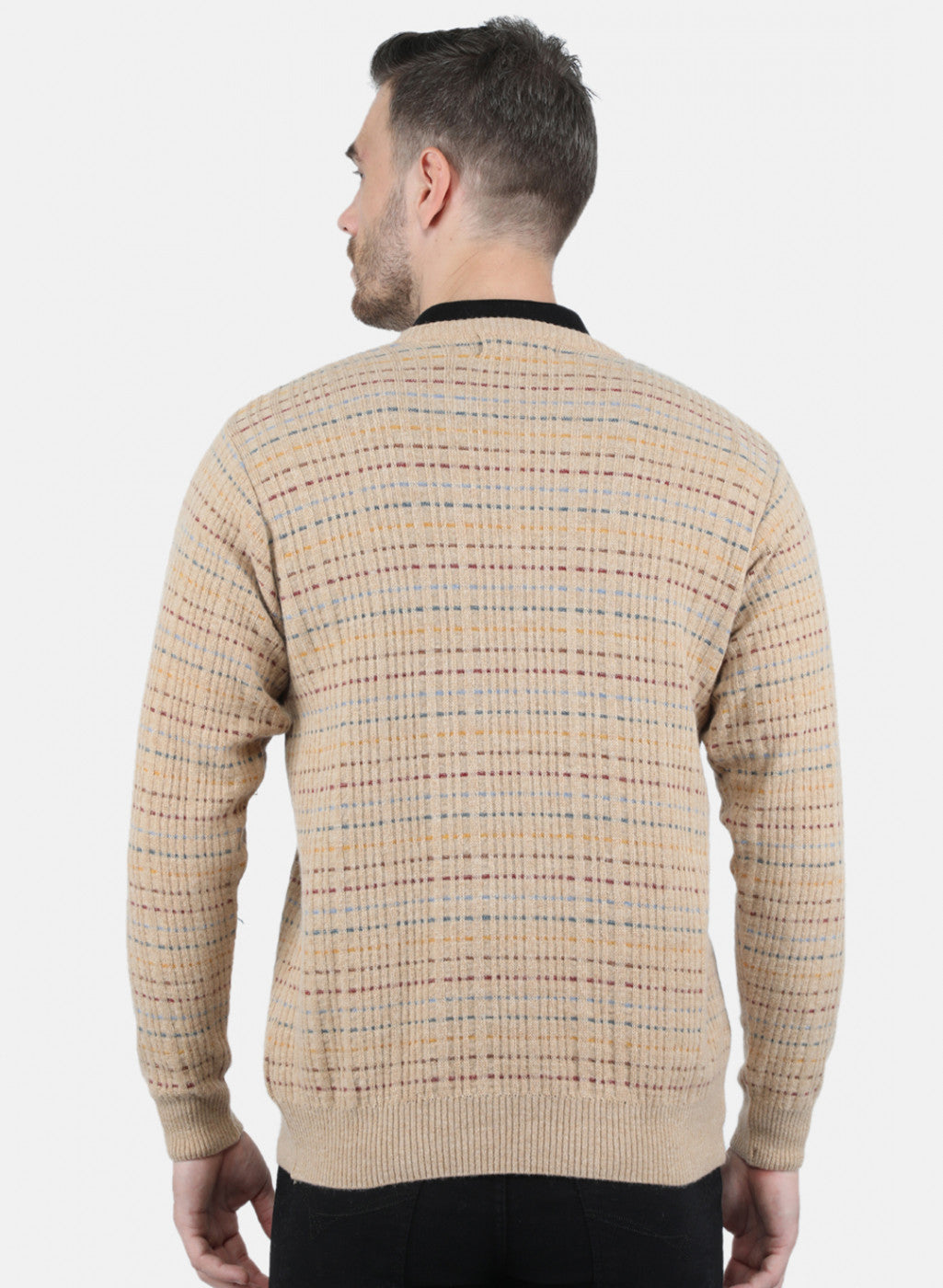 Men Beige Self Design Pullover