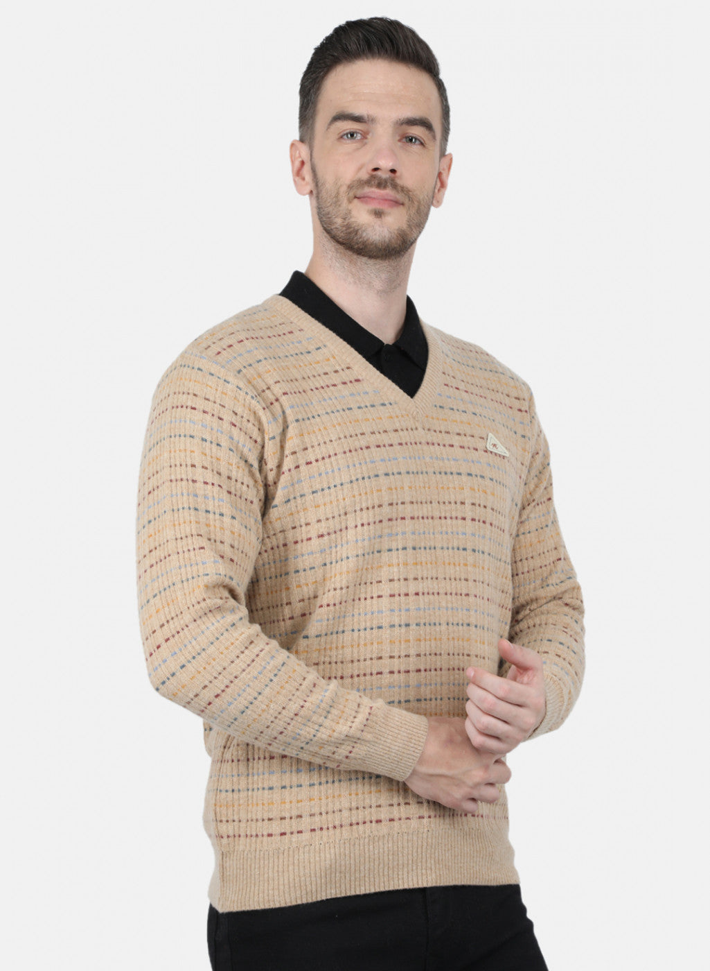 Men Beige Self Design Pullover