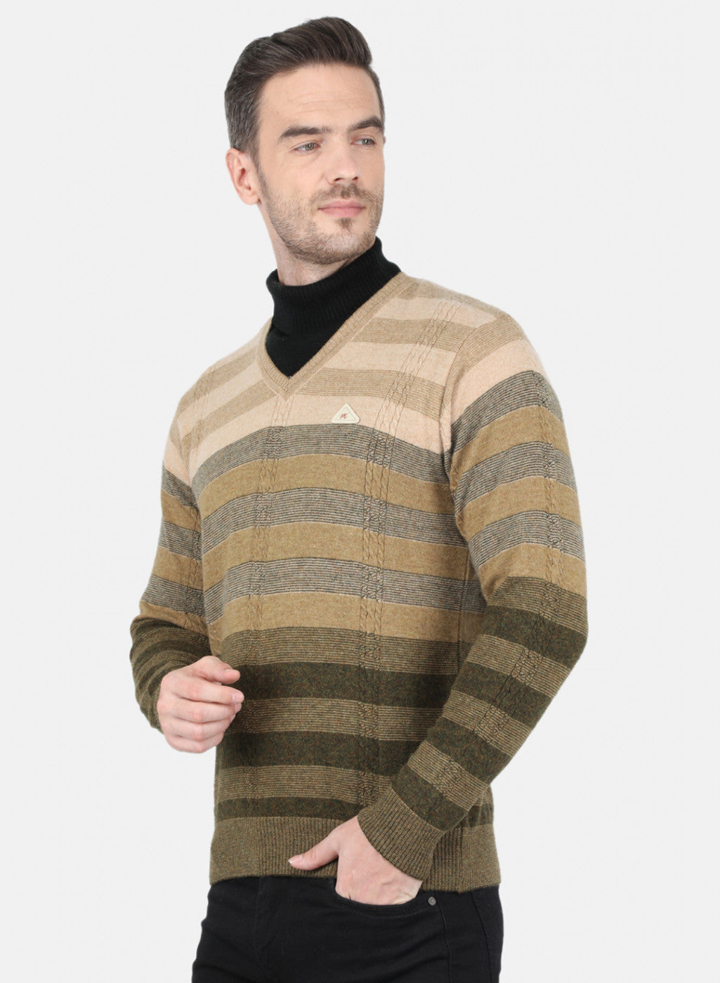 Men Olive Self Design Pullover