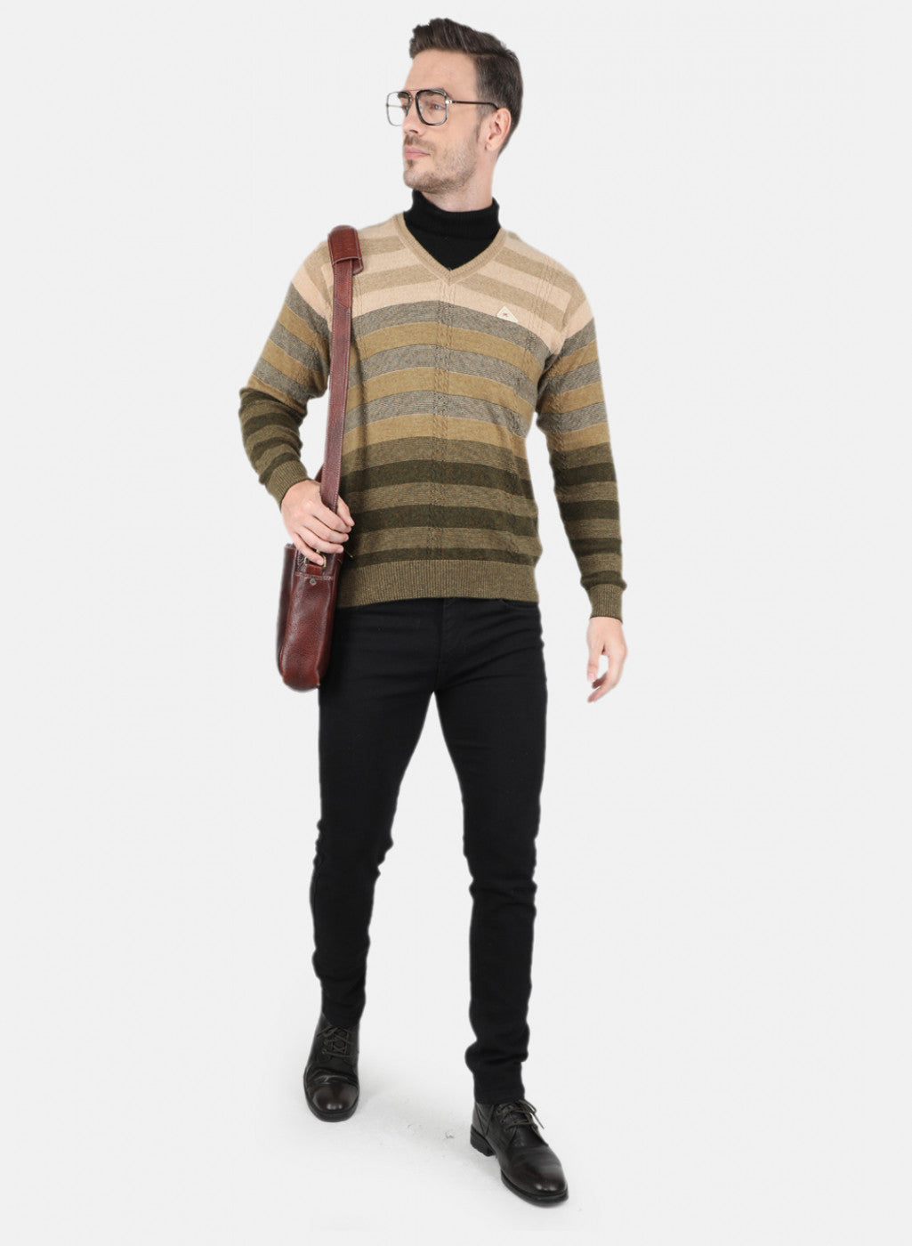 Men Olive Self Design Pullover