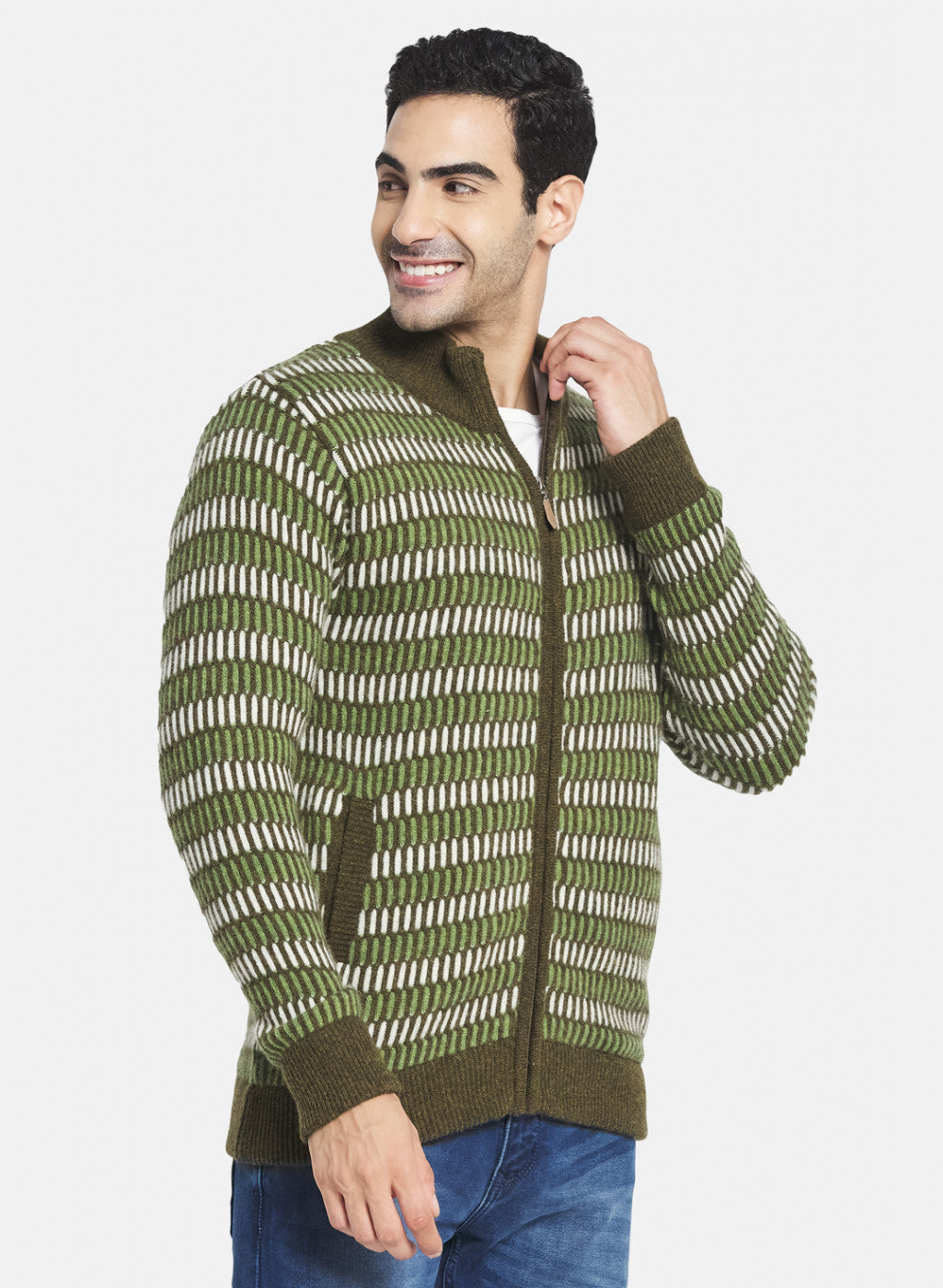 Men Green Self Design Pullover