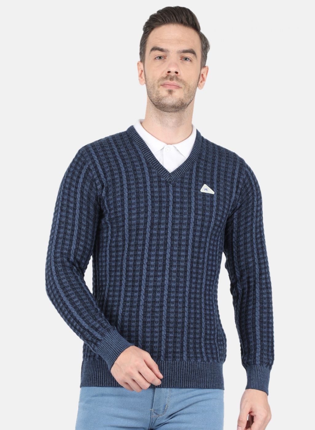 Men Blue & Black Self Design Pullover