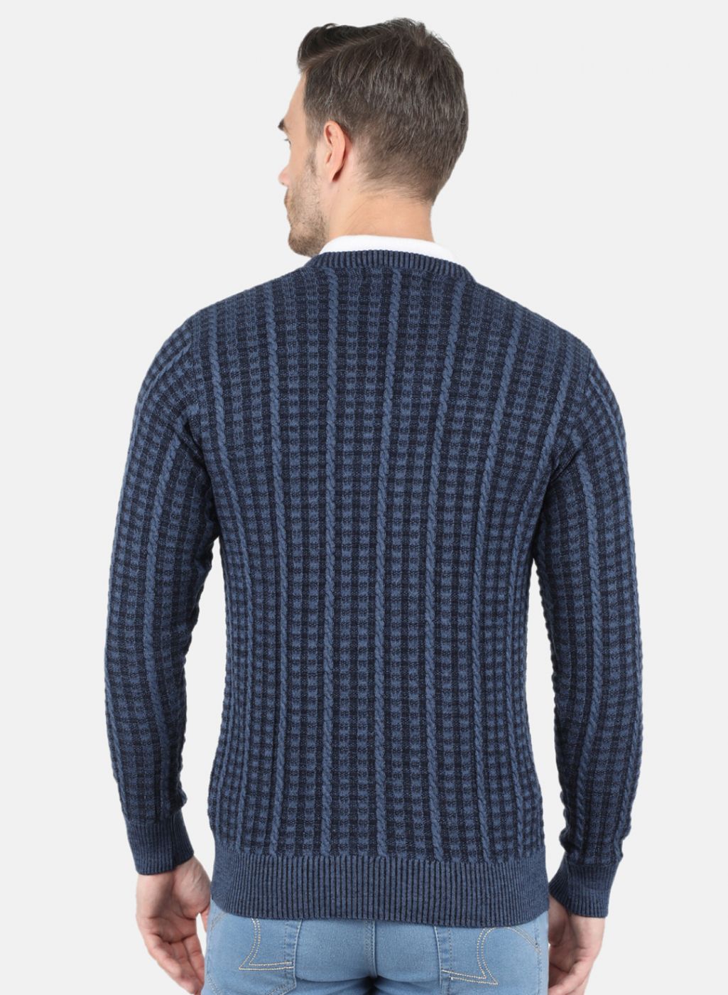 Men Blue & Black Self Design Pullover