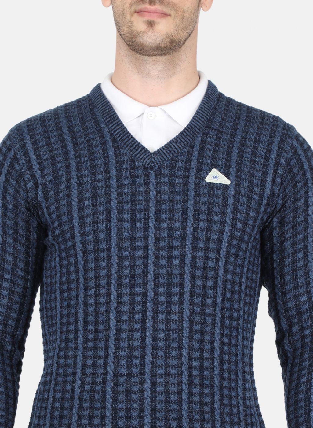 Men Blue & Black Self Design Pullover