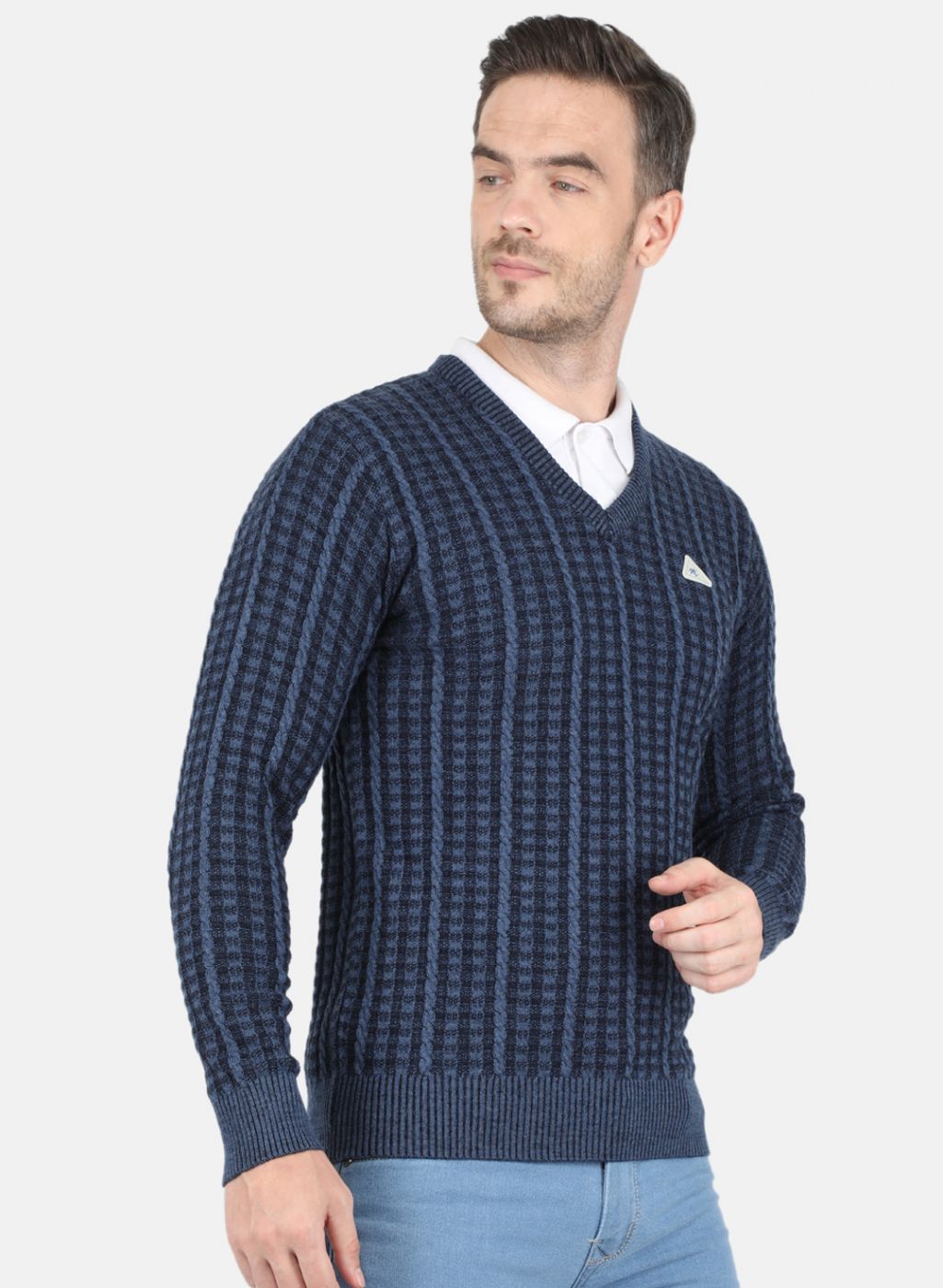 Men Blue & Black Self Design Pullover