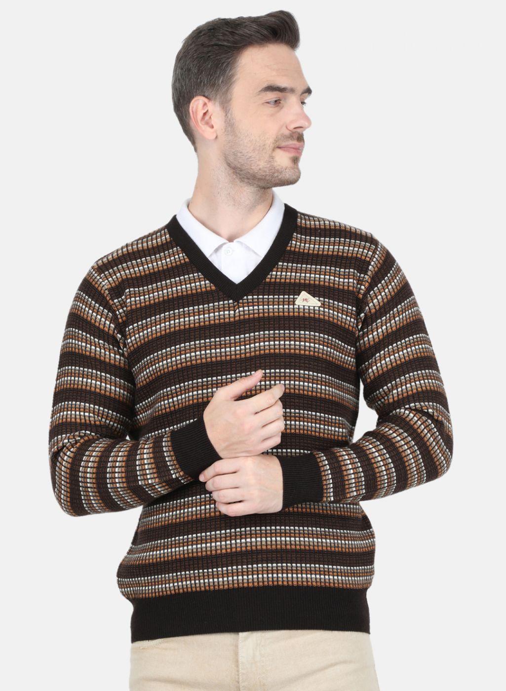 Men Brown Self Design Pullover