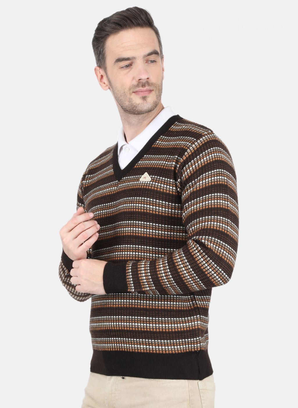 Men Brown Self Design Pullover