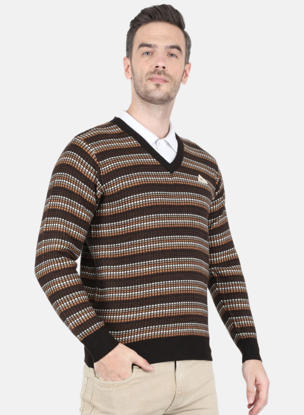 Men Brown Self Design Pullover