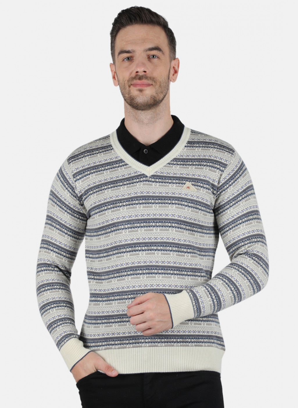 Men Off White Jaquard Pullover