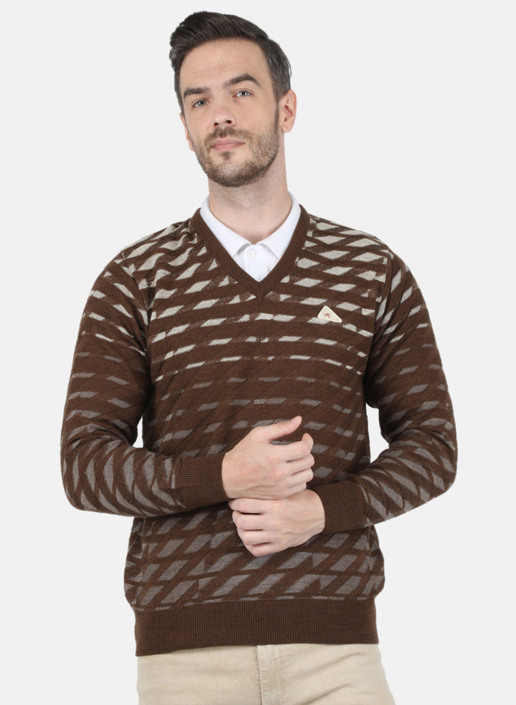 Men Brown Self Design Pullover