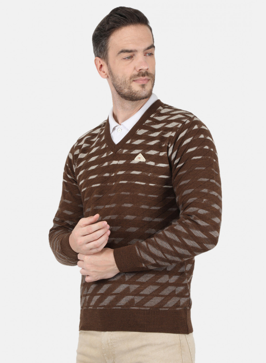 Men Brown Self Design Pullover