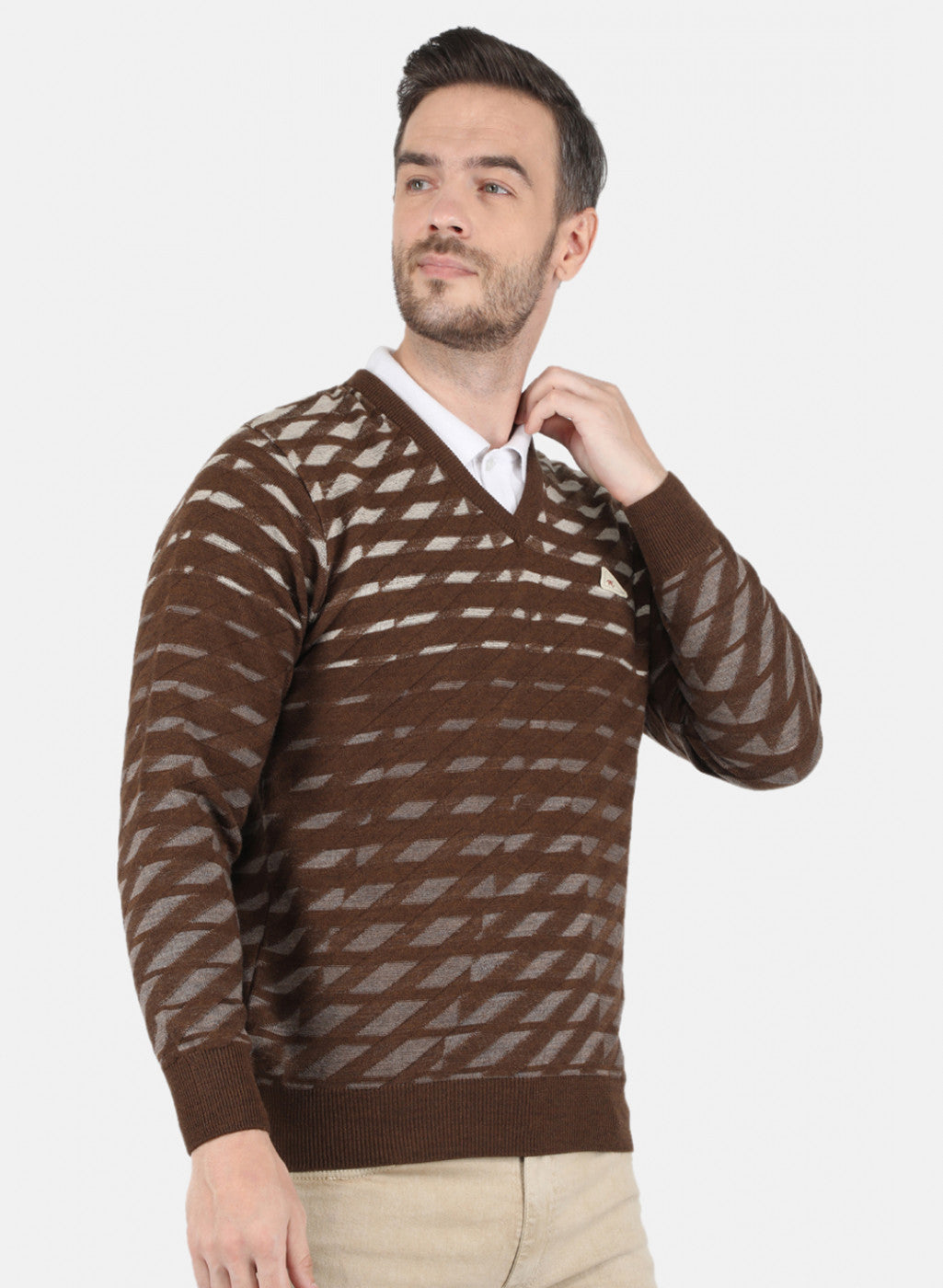 Men Brown Self Design Pullover