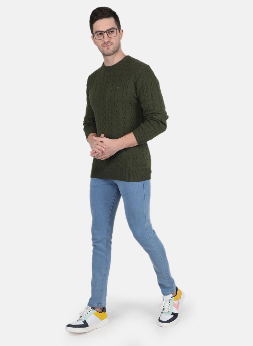 Men Green Self Design Pullover