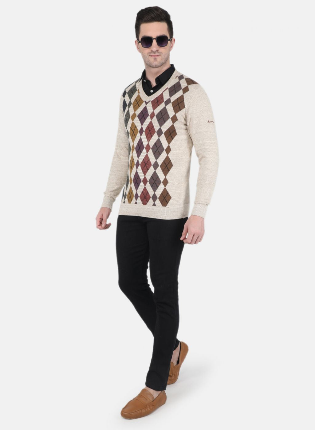 Men Beige Printed Pullover