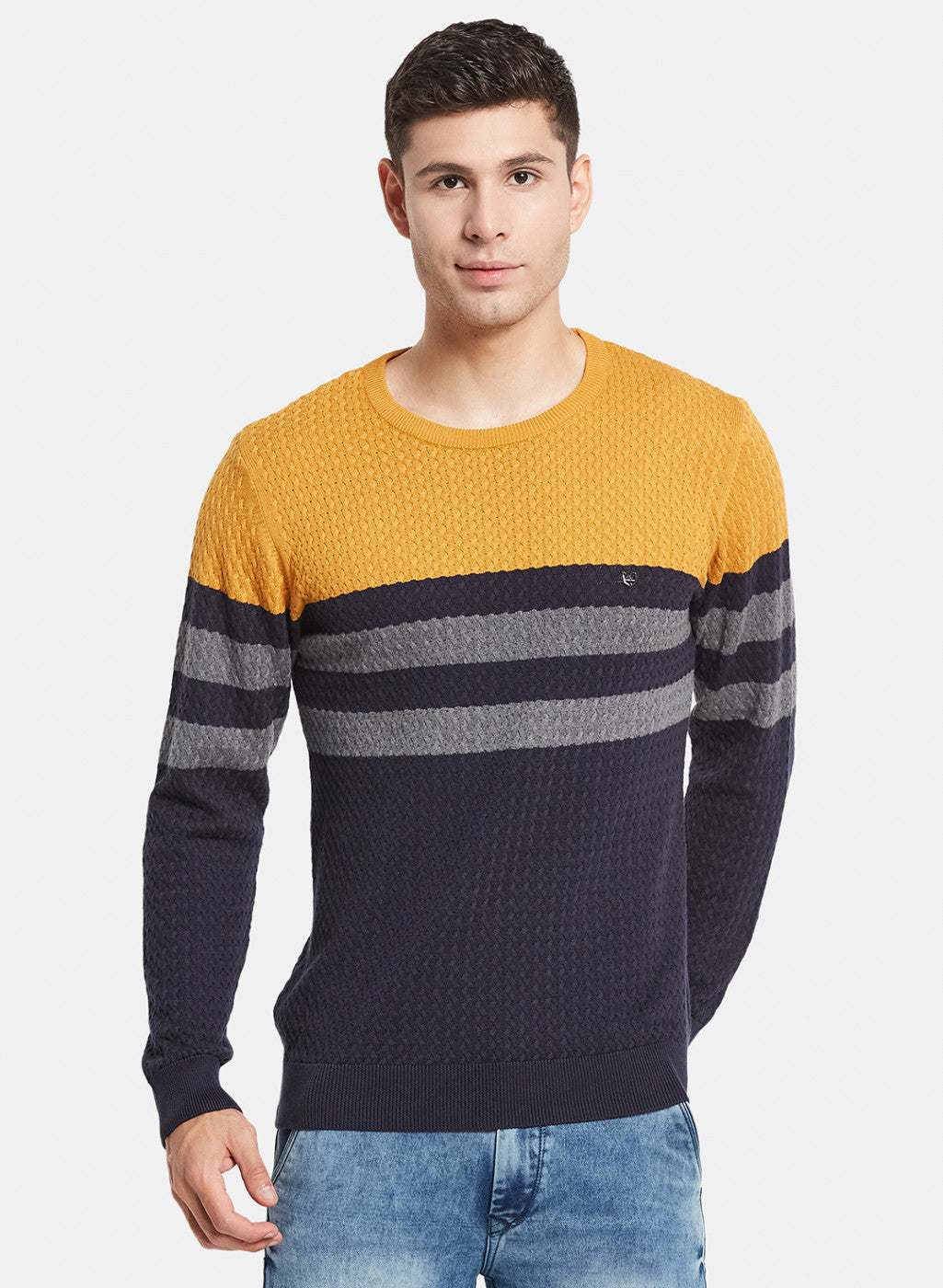 Men NAvy Blue Self Design Pullover