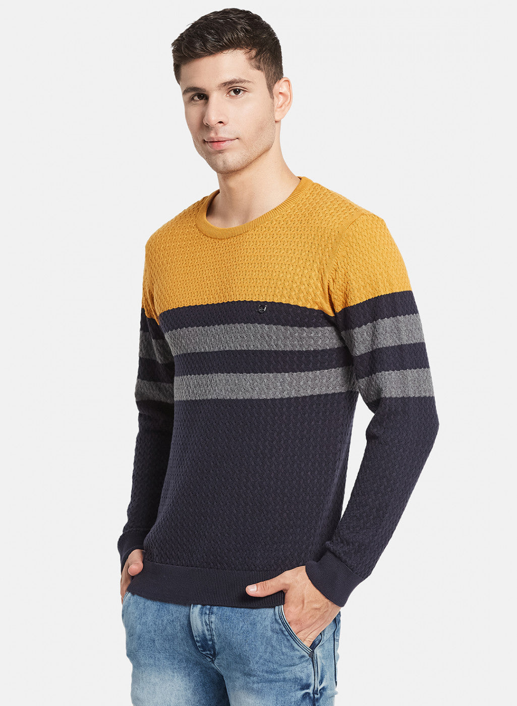 Men NAvy Blue Self Design Pullover