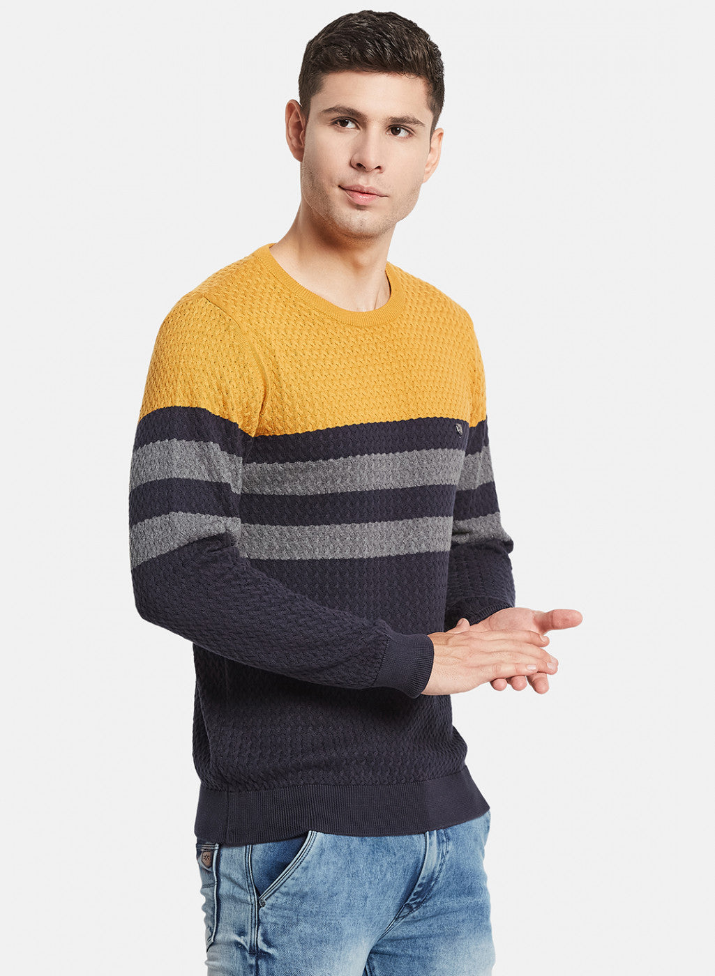 Men NAvy Blue Self Design Pullover