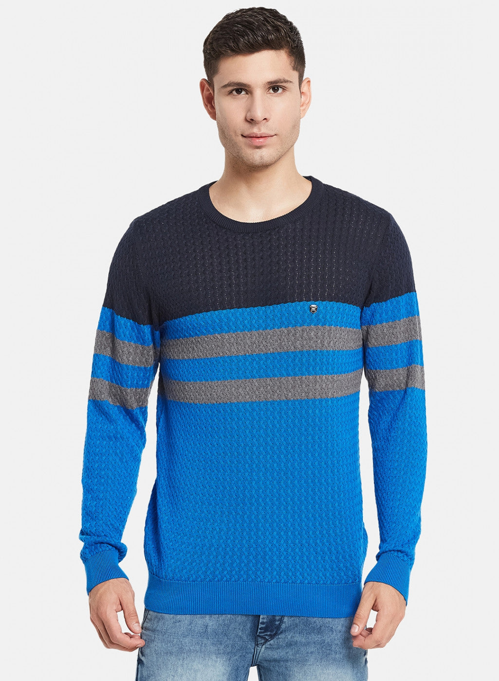 Men Royal Blue Self Design Pullover