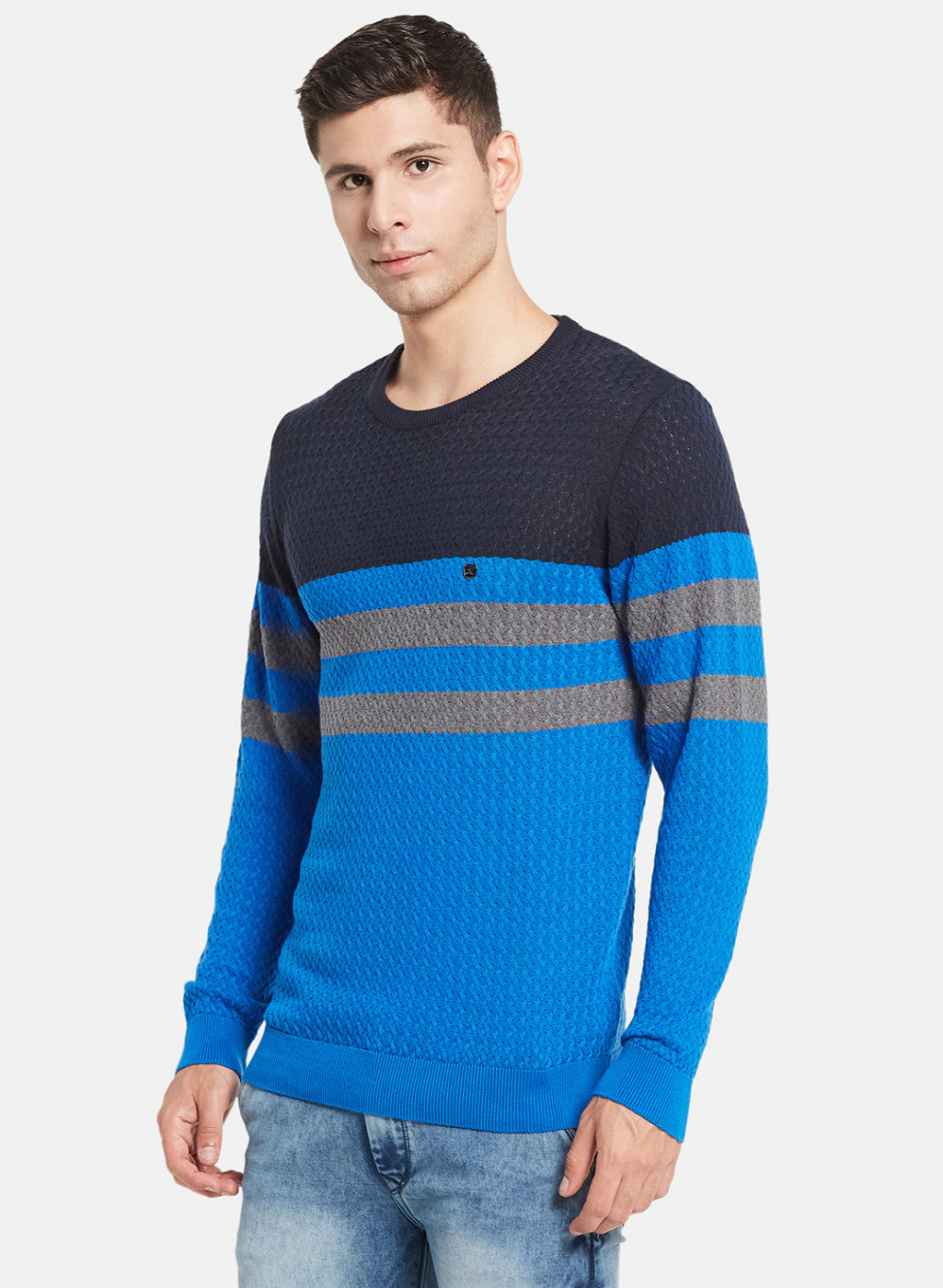 Men Royal Blue Self Design Pullover