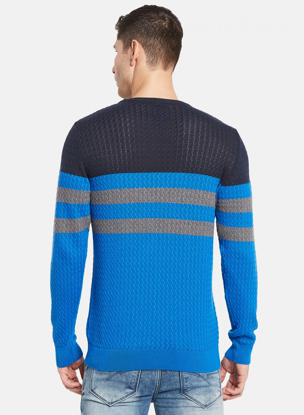 Men Royal Blue Self Design Pullover