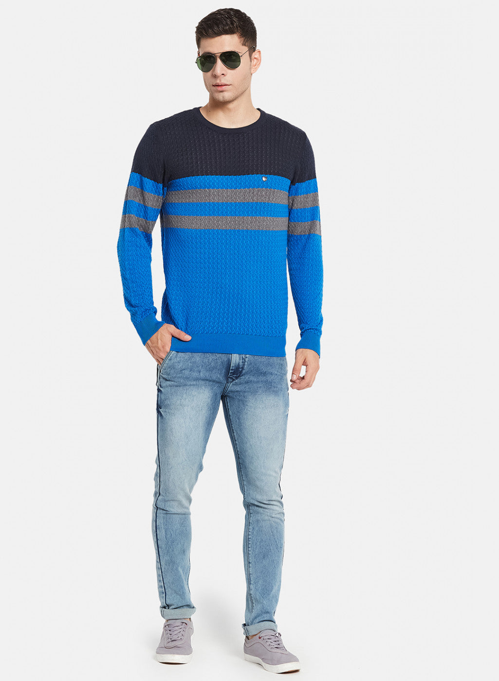 Men Royal Blue Self Design Pullover