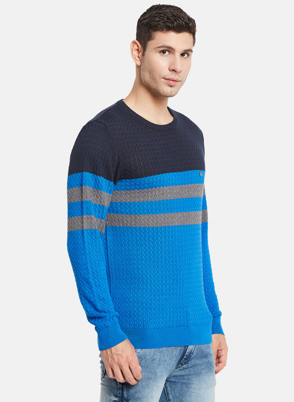 Men Royal Blue Self Design Pullover