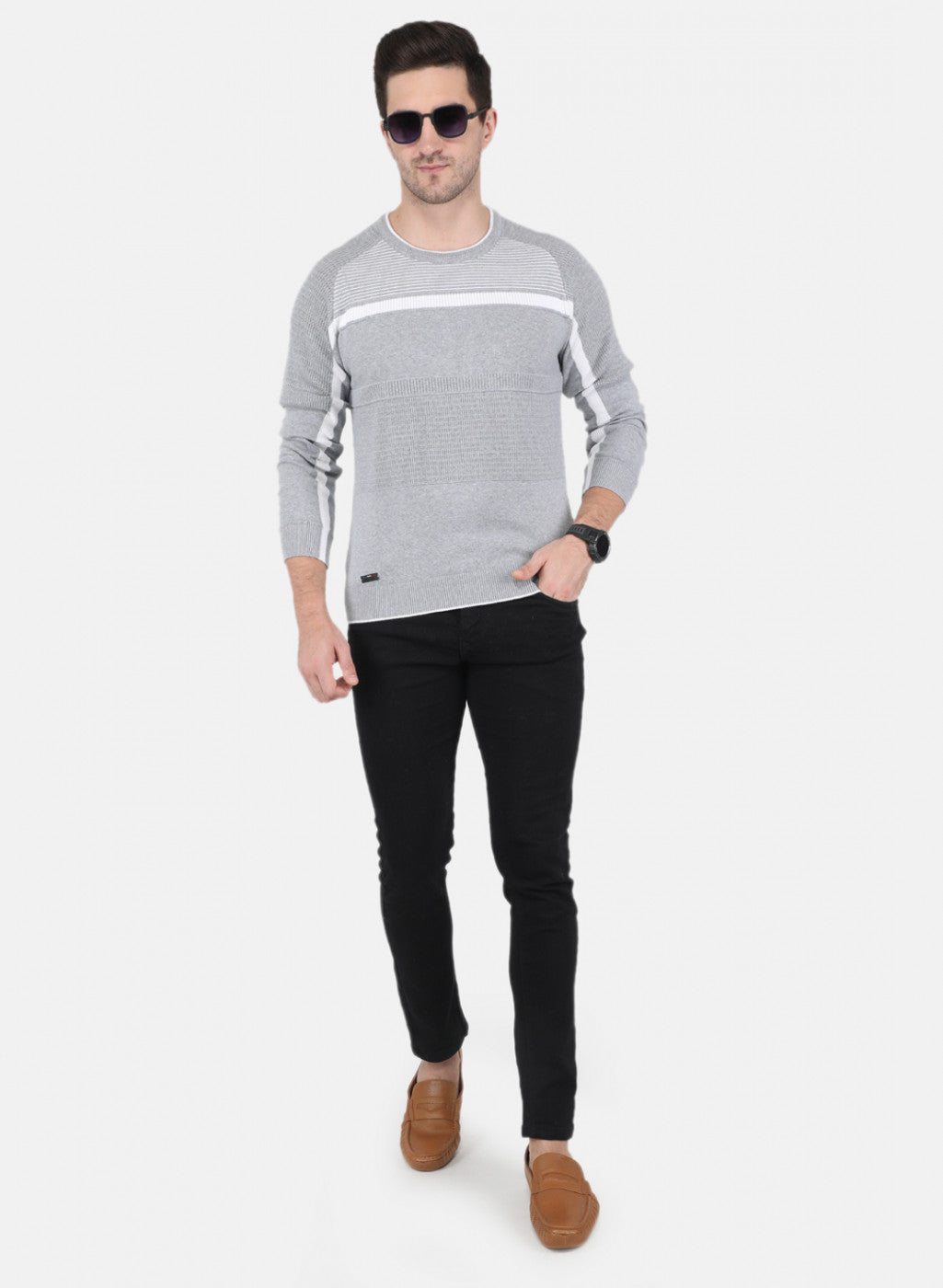 Men Grey Self Design Pullover