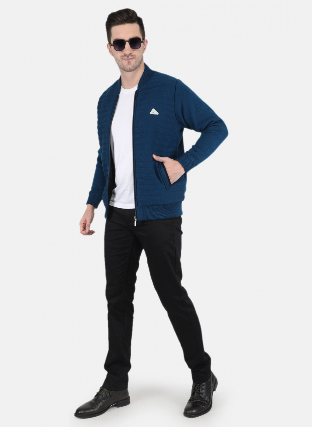 Men Blue Self Design Jacket