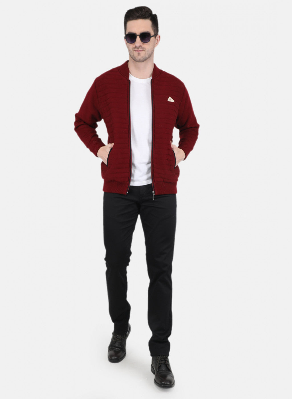 Men Maroon Self Design Jacket