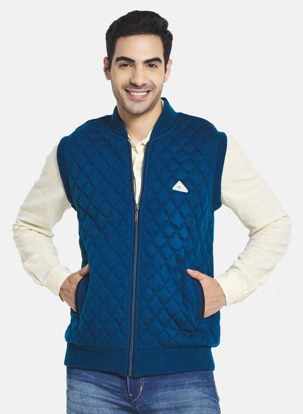 Men Blue Self Design Jacket