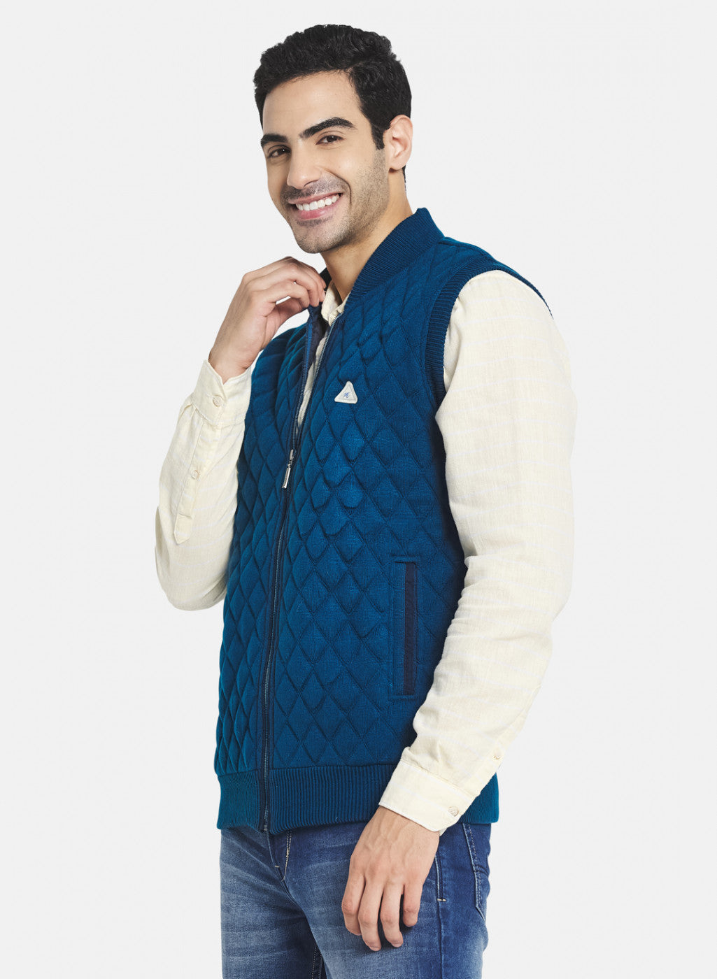 Men Blue Self Design Jacket