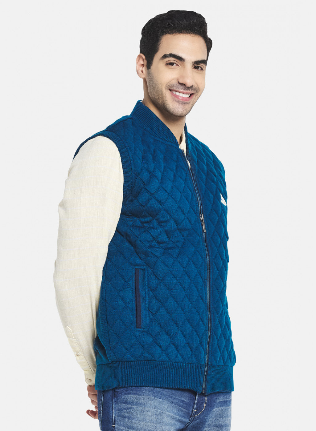 Men Blue Self Design Jacket