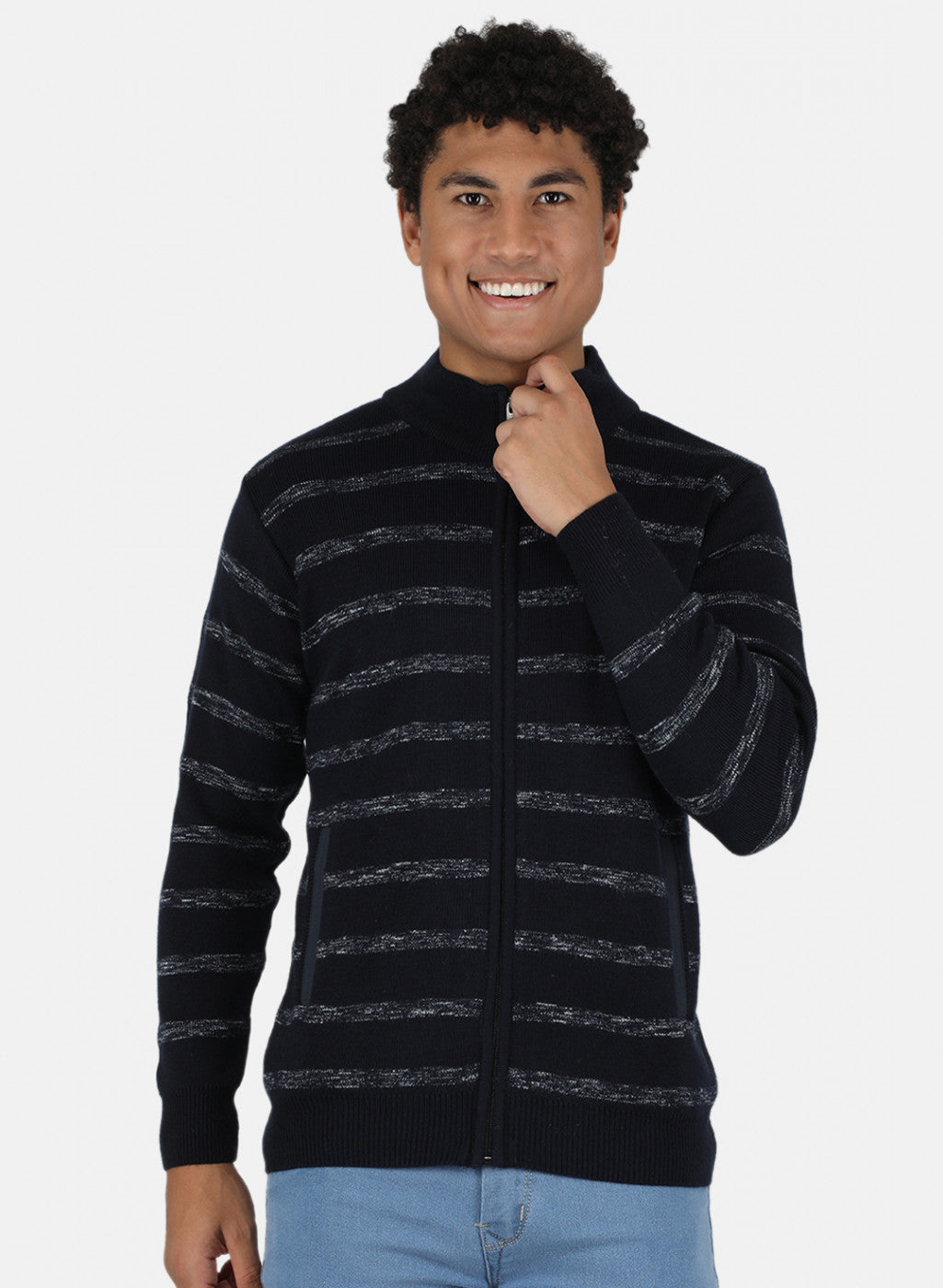 Men NAvy Blue Self Design Pullover