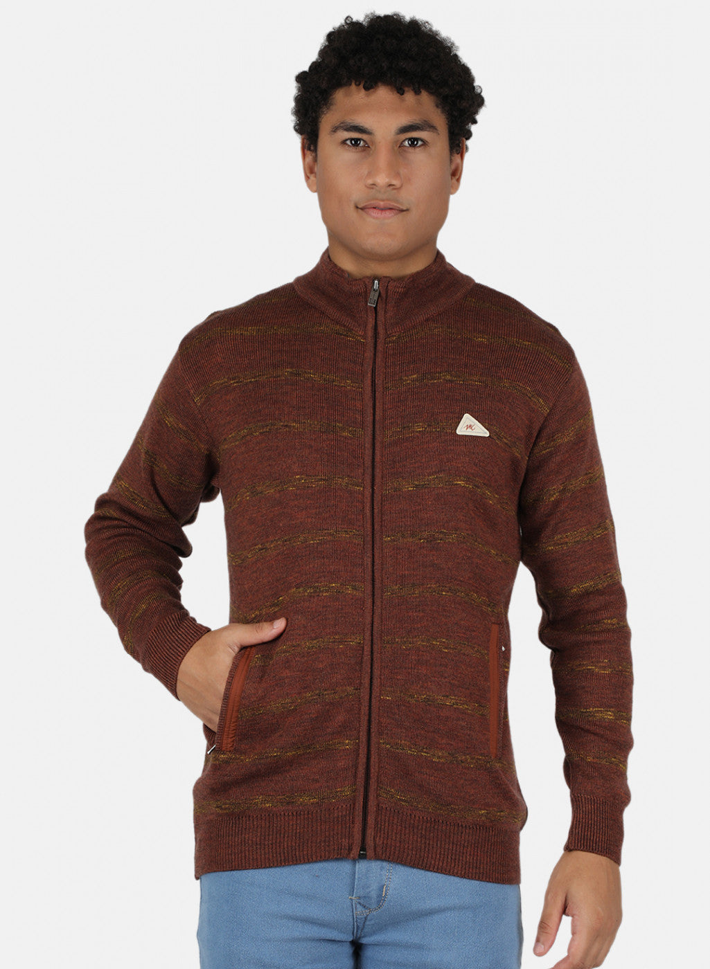 Men Brown Self Design Pullover